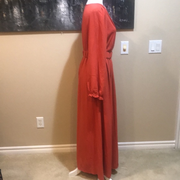 Orange Long Ruffled Sleeve Faux Wrap Belted Waist Maxi Dress-Size M - Picture 4 of 14